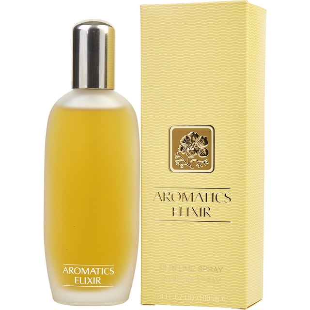 A pack of 3 Aromatics Elixir Perfume by Clinique, featuring 3.4 oz Eau De Parfum spray bottles. The fragrance, launched in 1971, is a refreshing, woody, and arid scent with notes of oakmoss, white jasmine, chamomile, and patchouli. The image shows a frosted glass bottle with a silver cap alongside its yellow textured box with floral detailing.