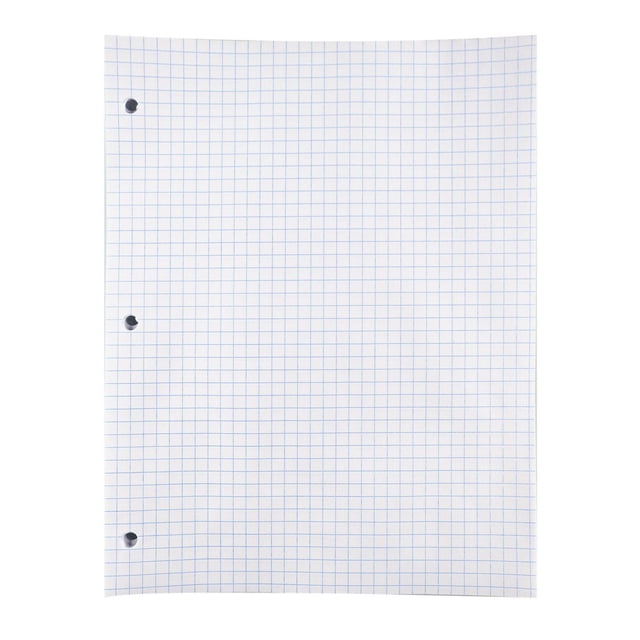 Five Star® Heavy Weight Refill Paper, Quad Ruled, 100 Sheets, showing a single heavyweight white sheet with a 4 squares per inch blue grid, 3-hole punched for standard 3-ring binders, measuring 10-7/8 by 8-3/8 inches, suitable for detailed note-taking, graphing, and organizing in office or school settings.