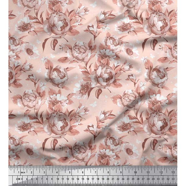 Soimoi Pink Poly Georgette Fabric Leaves & Floral Printed Fabric 1 Yard 52 Inch Wide
