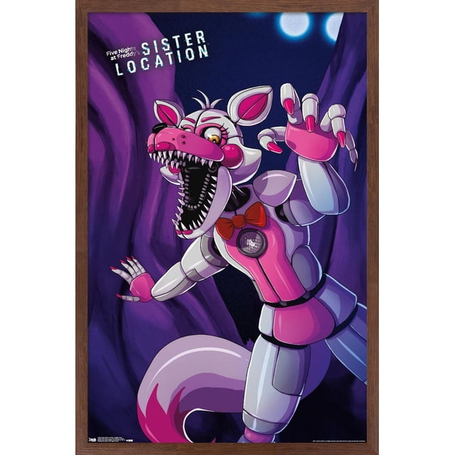 Five Nights at Freddy's : Sister Location - Funtime Foxy Affiche Murale, 14,725 Po x 22,375 Po Encadrée, Représentant un Renard Animatronique Orienté vers l'Avant avec un Corps Segmenté Blanc et Rose, des Dents Tranchantes, un Nœud Papillon Rouge et des Griffes Allongées sur un Fond Violet Foncé et Bleu, Convient comme art Mural pour la Déco de Chambre et les Amateurs de Jeux.