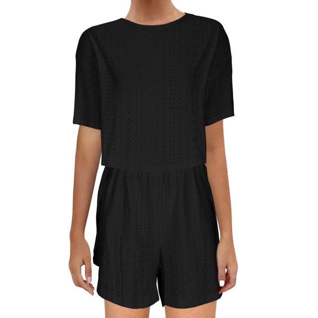 AherBiu Ensemble Estival 2 Pcs pour Femmes, Hauts à Oeillets à Manches Courtes avec Shorts à Jambes Larges, Tenue de Plage, Ensembles Boho
