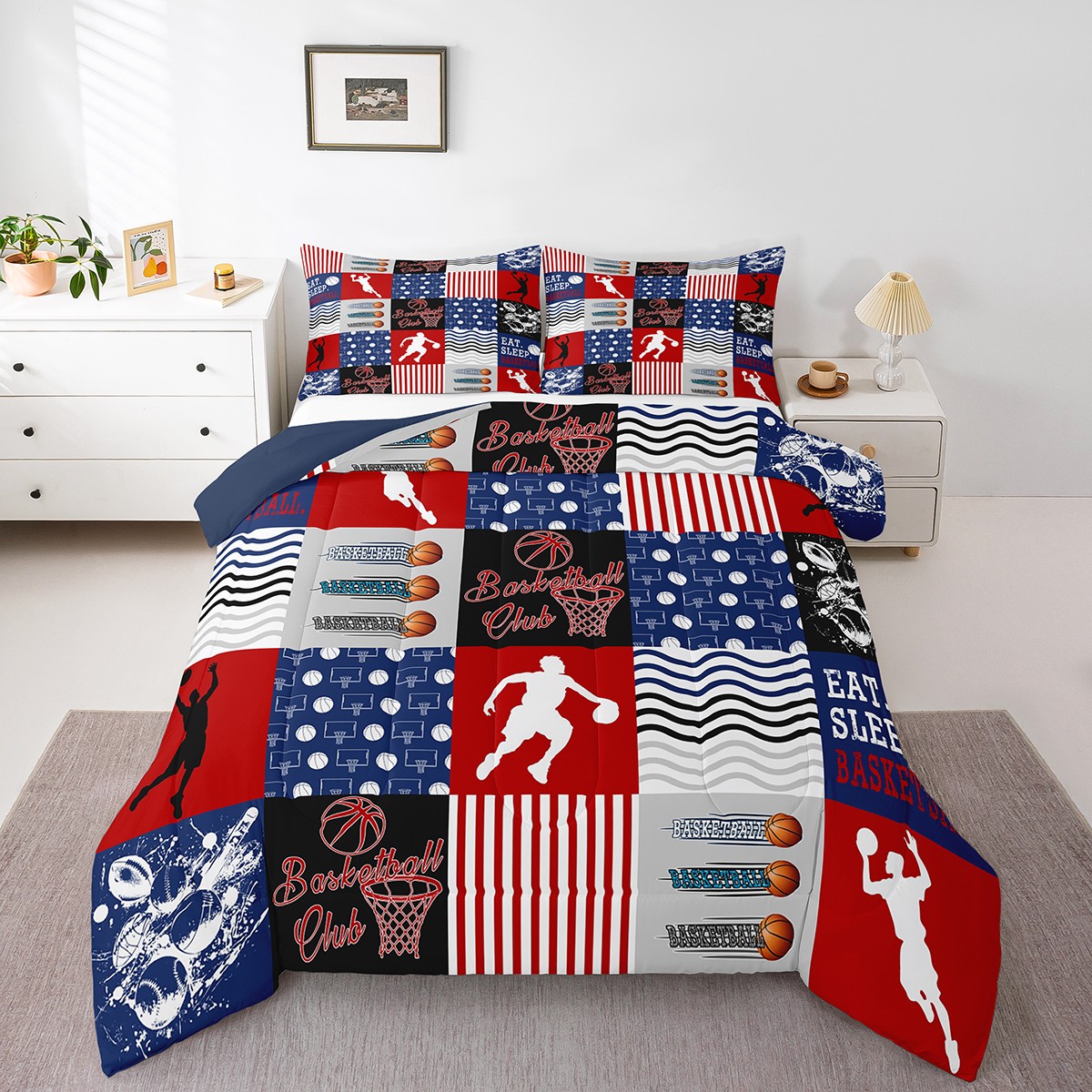 Erosebridal Ensemble de Couette Grand de Sport, Couette en Duvet de Basketball, Ensembles de Literie Blue Buffalo Rouges Grand avec Couette, Décor de Chambre en Microfibre, 3 Pcs Réversible
