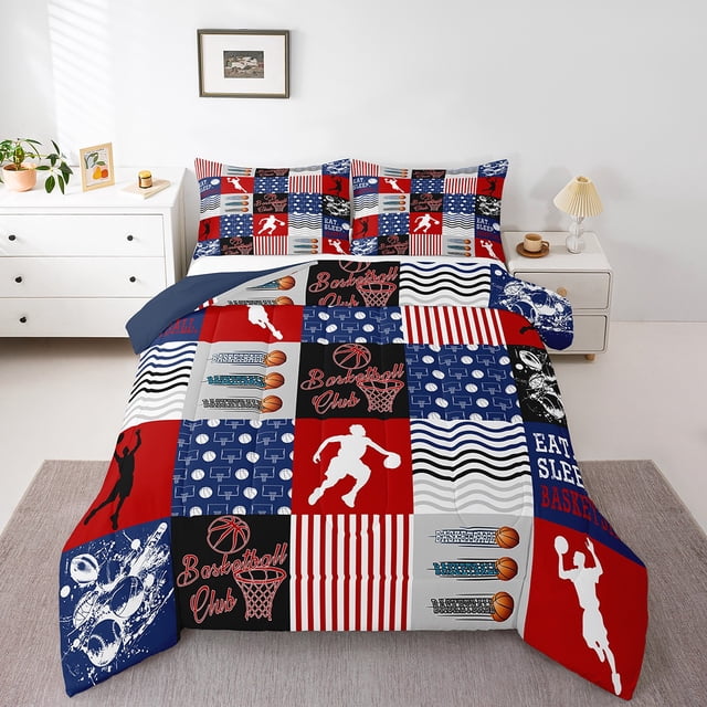 Erosebridal Sports Bedding Queen Comforter Set,Basketball Down Comforter,Red Blue Buffalo Bedding Sets Queen With Comforter, Microfiber Bedroom Decor,3 Pieces Reversible