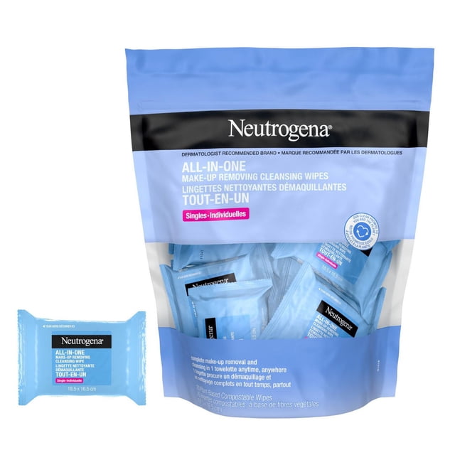 Neutrogena All-in-One Makeup Removing Cleansing Wipes pack with 20 individually wrapped, plant-based, fragrance-free wipes in a resealable blue pouch, designed to gently remove waterproof mascara and makeup without rinsing, shown with one single wipe package beside it.