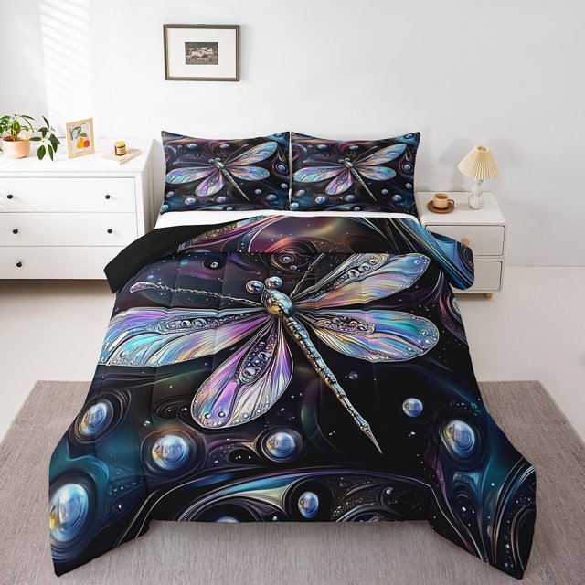 Erosebridal Wild Dragonfly Bedding Full Comforter Set, Abstract Purple Marble Down Comforter, REversible 3 Pieces, Microfiber