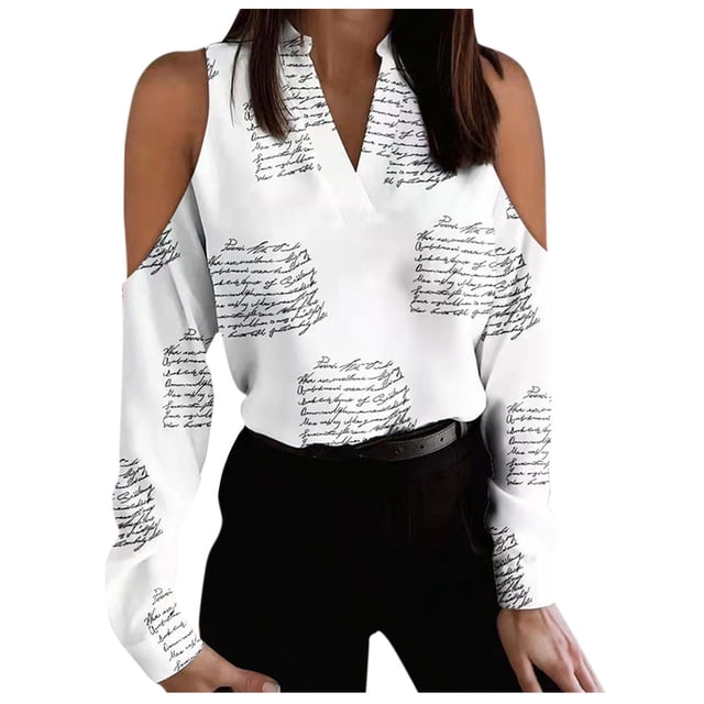 Womens Tops Long Sleeve Womens V Neck Pullover Off the Shoulder Printing Long Sleeve Tops
