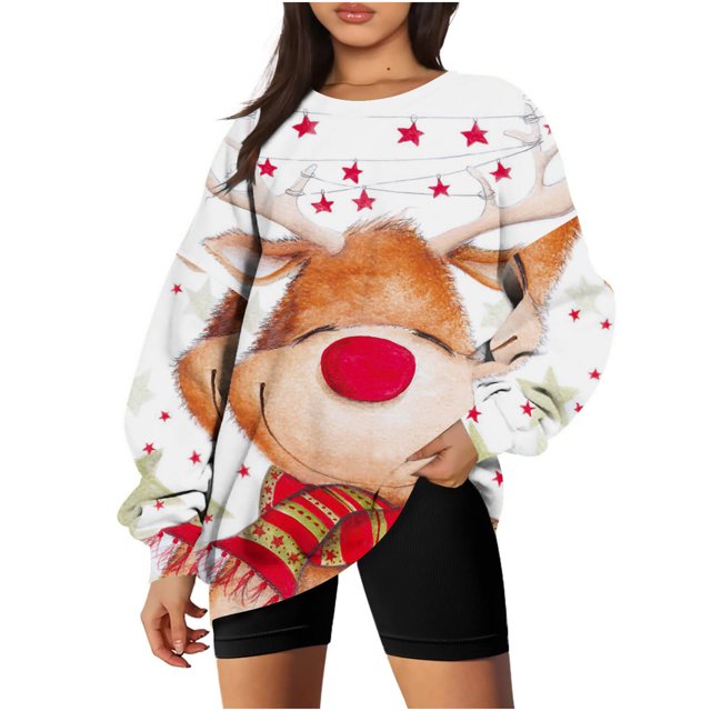 Costumes de Noël en Liquidation Col Rond Mode Décontractée Manches Longues Chandail en Molleton Imprimé de Noël Blouse Grande Taille pour Femmes