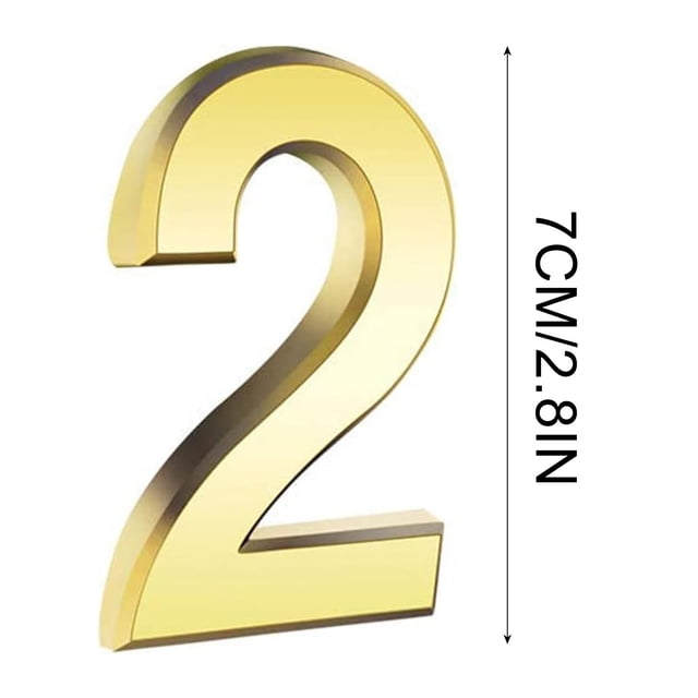Address Numbers for Houses, 3-inch gold modern house number '2' with a self-adhesive design. Made of durable metal with a weather-resistant finish, ideal for outdoor or indoor use on mailboxes, doors, or signs. Suitable for garden décor or patio signage. Dimensions are 7 cm (2.8 inches).
