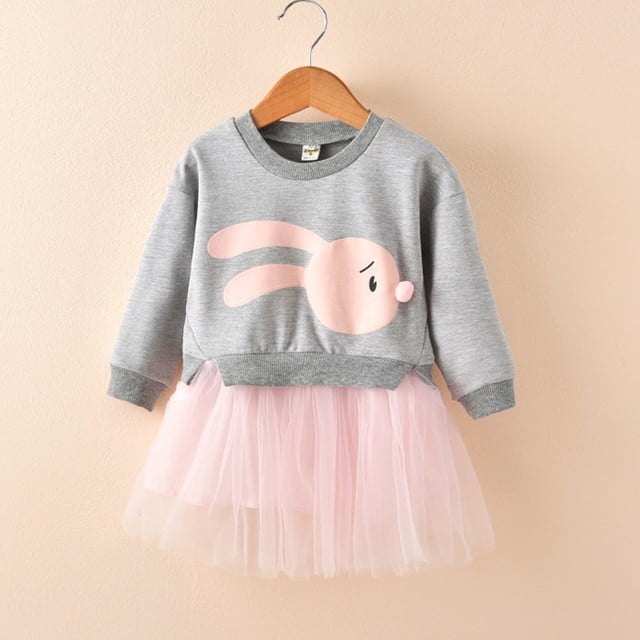 LSLJS Kids Baby Girl Bunny Princess Patchwork Sweatshirt Tulle Dress Clothes, Pleated Dress