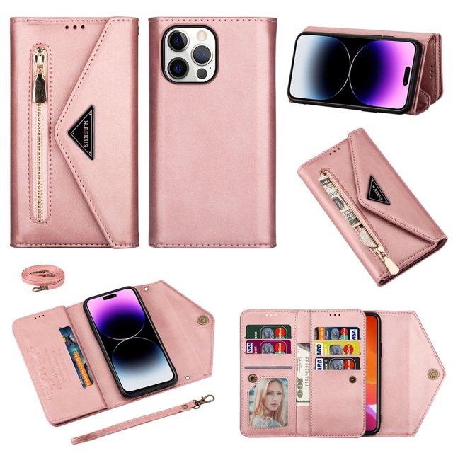 For iPhone 14 Pro Max Wallet Case,Women/Men A Multi-Card Slot Card Holder Premium Folio Flip Leather Protective Zipper Pocket Purse Wallet Case With Hand Strap and Shoulder Strap Case