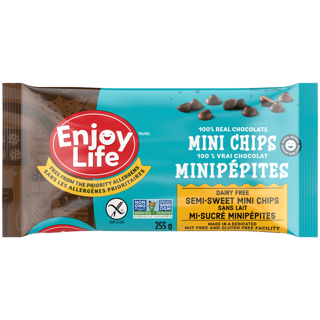 Enjoy Life Mini Croustilles Mi-Sucrées 255 g, Sans gluten, Sans Produits Laitiers, Sans Arachides, Sans Noix, Sans Soya, Croustilles de Cuisson non-OGM Faites avec du Vrai Chocolat à 100 %, Convenant aux Régimes Sensibles aux Allergènes et Idéales pour la Cuisson et la Cuisine.