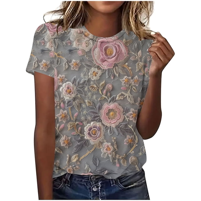 Hauts d'Été pour Femmes DYTTDG T-shirt à Fleurs Mode pour Femmes Grande Taille Col Rond Manches Courtes Décontracté Ample Tee Haut Hauts pour Femmes Liquidation Moins de 10 Multicolore,TTTTG