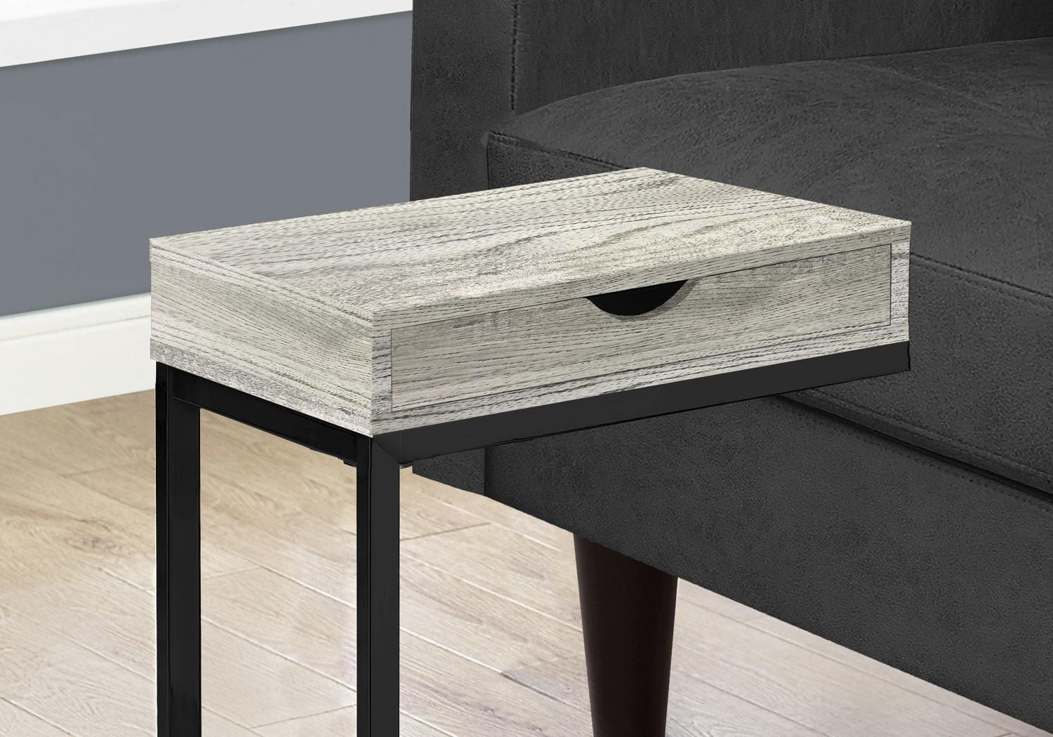 Monarch Specialties Table D'appoint, En Forme De C, Bout, Côté, Collation, Tiroir De Rangement, Salon, Chambre À Coucher, Métal, Stratifié, Gris, Noir, Contemporain, Moderne