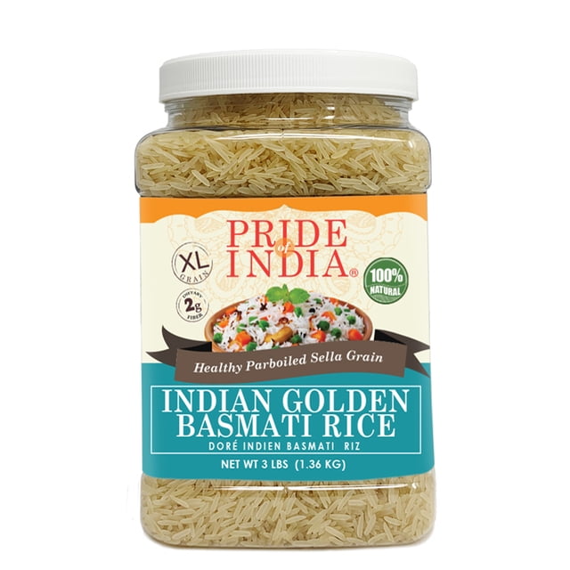 Pride Of India - Extra Long Indian Golden Basmati Rice in a 3-pound sealed food-grade plastic jar. The jar features a clear view of the parboiled Sella grains and a label highlighting its 100% natural, GMO-free, gluten-free, and vegan attributes. The rice is cultivated in the Himalayan valleys, aged for up to two years, and offers extra-long, thin grains with a rich aroma. Suitable for up to 24 servings per jar.