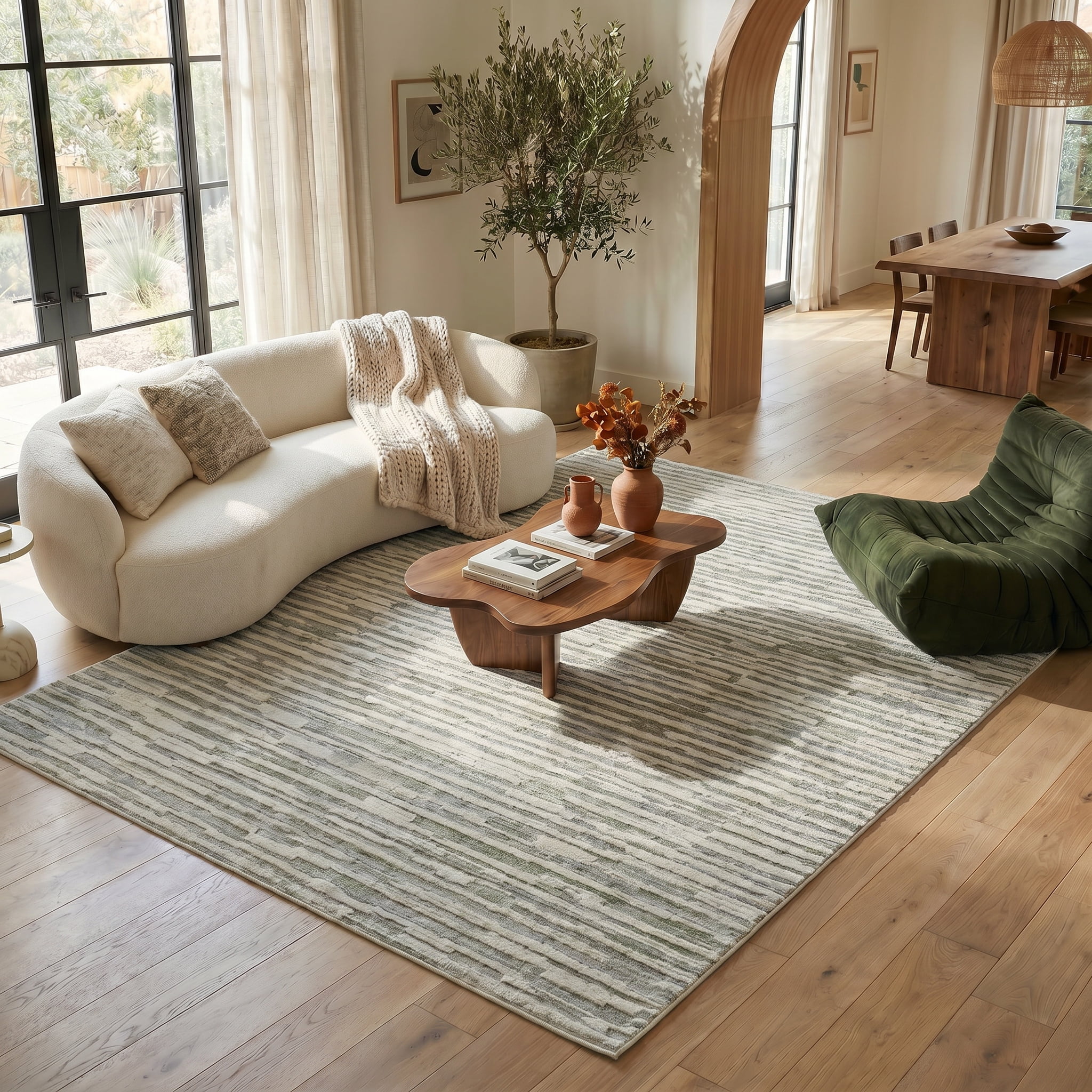 Tapis d'interieur abstrait Rug Branch Nomad, vert beige, moderne - Salon, chambre, salle a manger et cuisine