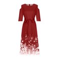 thumbnail image 3 of AherBiu Robe de Noël pour Femmes à Épaules Dénudées, Manches 3/4, Fermeture Éclair, Taille à Nœud, Froncée, Robe Midi de Fête, 3 of 6
