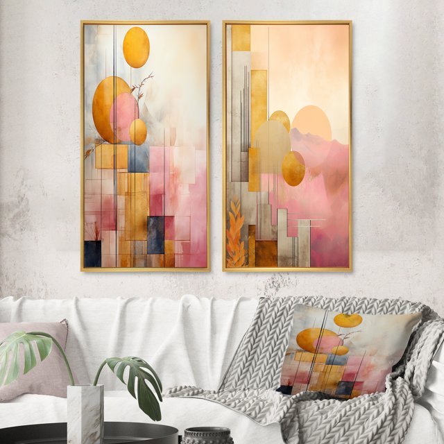 Designart "Retro Dreams Golden Moon III" Modern Geometric Framed Wall Art Set Of 2 - Modern Pink Frame Gallery Set For Office Decor