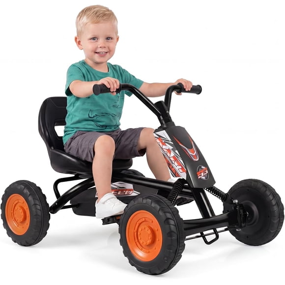 OLAKIDS Go Kart for Kids with Adjustable Seat, Steering Handlebars, Outdoor 4 Wheel Ride On Pedal Car for Boys & Girls