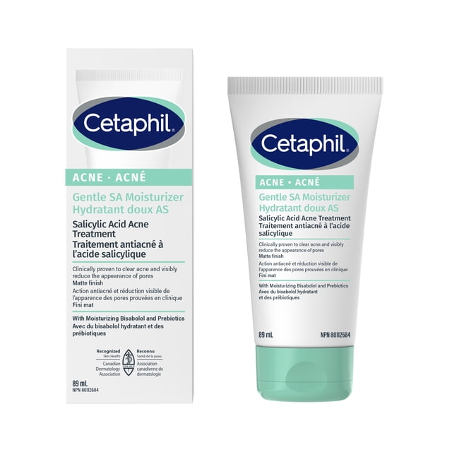 Cetaphil Gentle Clear Hydratant contre l'Acné avec Acide Salicylique en tube Blanc de 89 ml avec Capuchon Rabattable Vert Pâle, Montré à Côté de Sa Boîte. Cette lotion Faciale Sans Parfum, Non Comédogène Hydrate la Peau Sensible Sujette à l'Acné, Réduit les Points Noirs et les Imperfections Acnéiques, et Présente une Finition Mate. l'Emballage Comprend un Texte Bilingue Anglais et Français et la Reconnaissance de l'Association Canadienne de Dermatologie.