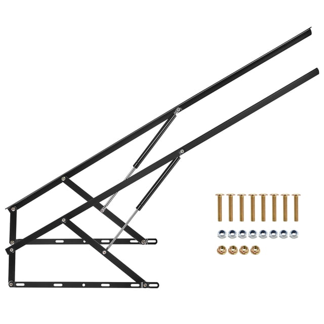 VEVOR Bed Lift 59x79 in Compatible Bed Size 264.5 lbs Load DIY Wall Bed Hardware. The image displays a black steel bed lift mechanism with gas hydraulic pistons, pre-drilled holes, and included screws, nuts, and brackets for assembly. Designed for under-bed storage, it fits beds measuring 59x79 inches, supports up to 264.5 lbs, and features a rust-resistant finish for durability.