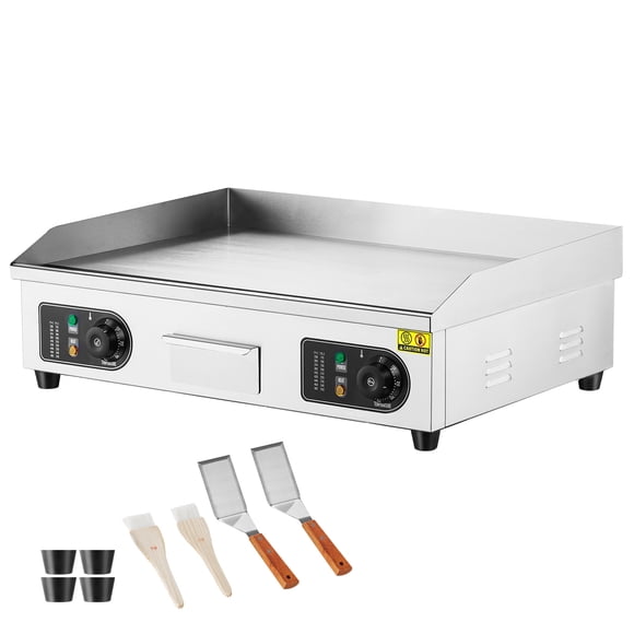 KFFKFF Electric Griddle for Commercial Use, 2800W, Adjustable Temperature from 122℉ to 572℉, Stainless Steel Flat Top Grill, 25.98 x 15.75 x 0.39 inches, Includes 2 Shovels and 2 Brushes