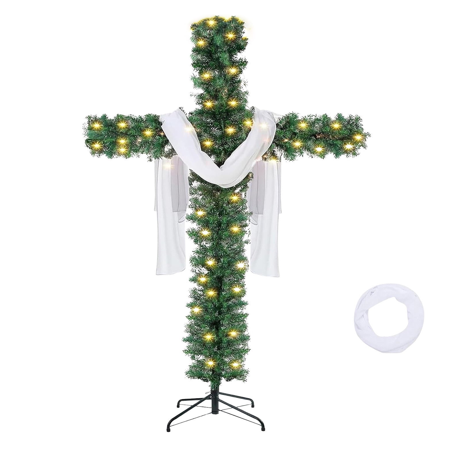 A Cross-shaped Christmas Tree With Lights, Pre-lit, Elongated, Pencil-shaped Artificial Tree, Complete With A Scarf And Christ Crown, Suitable For