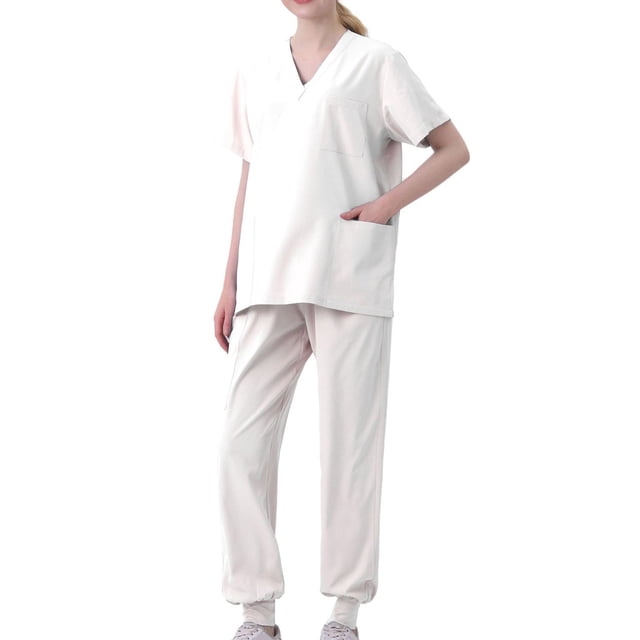 Pisexur Women's Scrub Set Solid Color Stretch Medical Uniform Scrub Set V Neck Short Sleeve Work Top Cargo Tapered Jogger Pants With Pockets