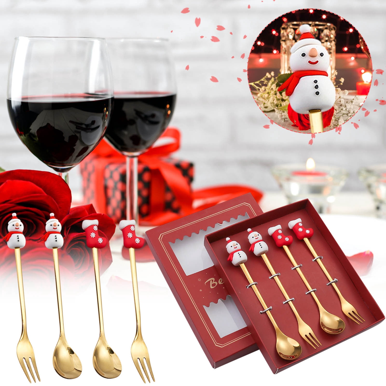 Meitianfacai Spoon And Fork Set Spoon-Fork Combo Set, 4PCS Stainless Steel Christmas Spoon Gift Set Dessert Spoon Fork Coffee Spoon Christmas Pendant Spoon Tableware Set