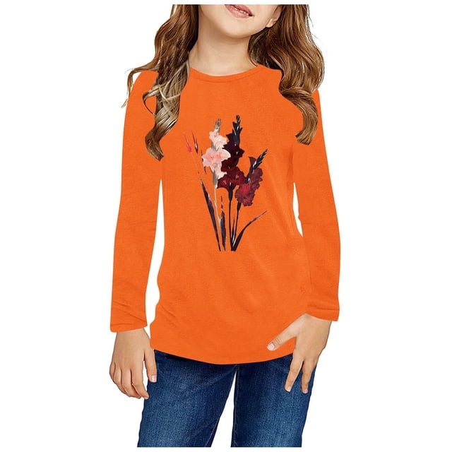 RXIRUCGD Chemises à Manches Longues pour Filles, Col Rond Mignon, Blouses Décontractées Élégantes (Orange, Taille : 4 Ans)