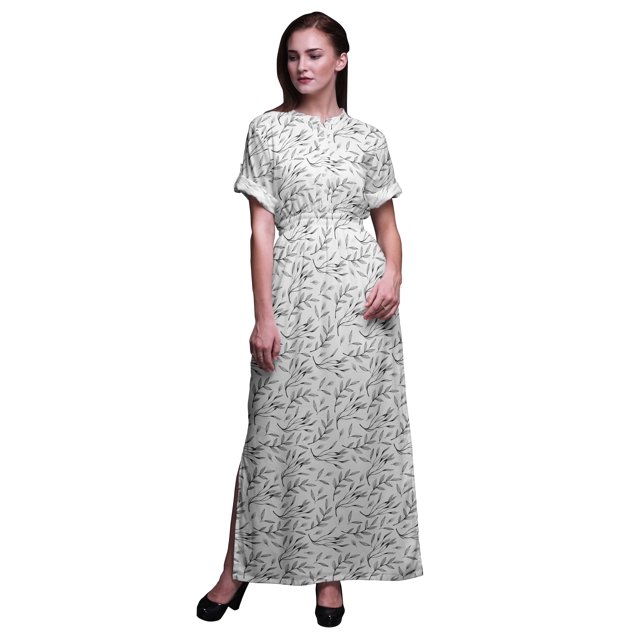 Bimba Robe Longue Maxi d'Été à Manches Kimono Imprimée de Feuilles de Cari en Rayonne avec Fente - X-Grand