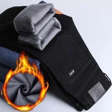 New Casual Men's Warm Fleece Jeans Style Business Thicken Fur Regular Fit Denim Pants