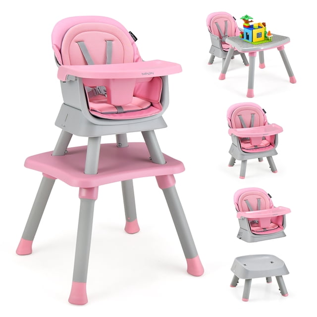 Babyjoy 8-in-1 Baby High Chair Convertible Dining Booster Seat in pink, featuring a removable tray, adjustable 5-point safety harness, and double-layer seat cushion. The high chair converts into multiple modes, including a dining booster seat, toddler chair, and kids table with a reversible tabletop for building blocks or smooth activities. Made of BPA-free PP material with a stable pyramid structure and non-slip foot pads. Suitable for ages 6-36 months, with a weight capacity of 55 lbs.