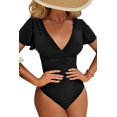 thumbnail image 1 of BEAUTYIN One Piece Swimsuits for Women Trumpet Sleeve V Neck Ruched Monokini Bathing Suits, 1 of 6