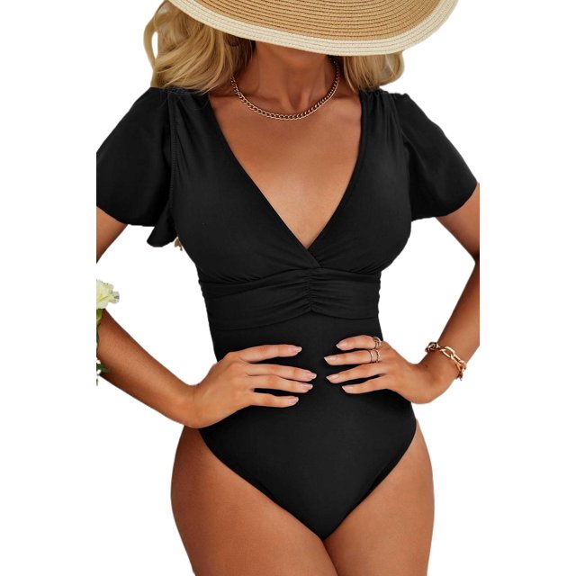 BEAUTYIN One Piece Swimsuits for Women Trumpet Sleeve V Neck Ruched Monokini Bathing Suits