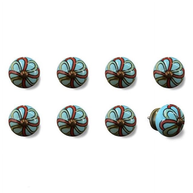 Knob-it 676685031594 Ensemble Vintage de Boutons Ronds en Céramique Peints à la Main - Rouge et Turquoise - Lot de 8