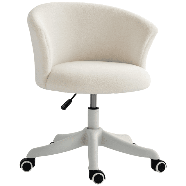 Vinsetto Chaise de Bureau Duveteuse à Hauteur Réglable, Sans Accoudoirs, Blanche. Vue Orientée vers l'Avant d'Une Chaise de Bureau Sans Accoudoirs en Molleton Teddy Blanc avec Dossier Courbé et Épais Rembourrage en Mousse, Hauteur d'Assise Réglable 16,5–19,7 Pouces (42–50 cm), base à Roulettes en PU sur Fond Neutre; Souvent Utilisée comme Siège de Coiffeuse Ou de Jeu.