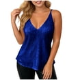 thumbnail image 1 of Plus Size Tank Tops for Women Loose Fit V-Neck Spaghetti Strap Sequin Ruched Waist Solid Top with Stretchy Lining, 1 of 7