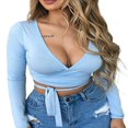 thumbnail image 1 of Women Long Sleeve V Neck Bandage Wrap Knot T-Shirts Tees Tops, 1 of 6