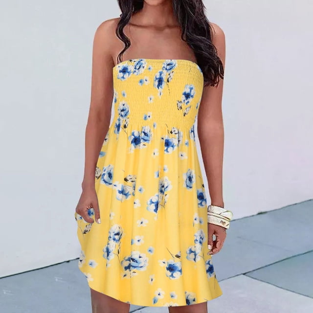 EGNMCR Robes d'Été Femmes Tendance 2024 Robe Bohème pour Femme Sans Bretelles à Bande Élastique Robes Sans Manches Robe à Imprimé Floral
