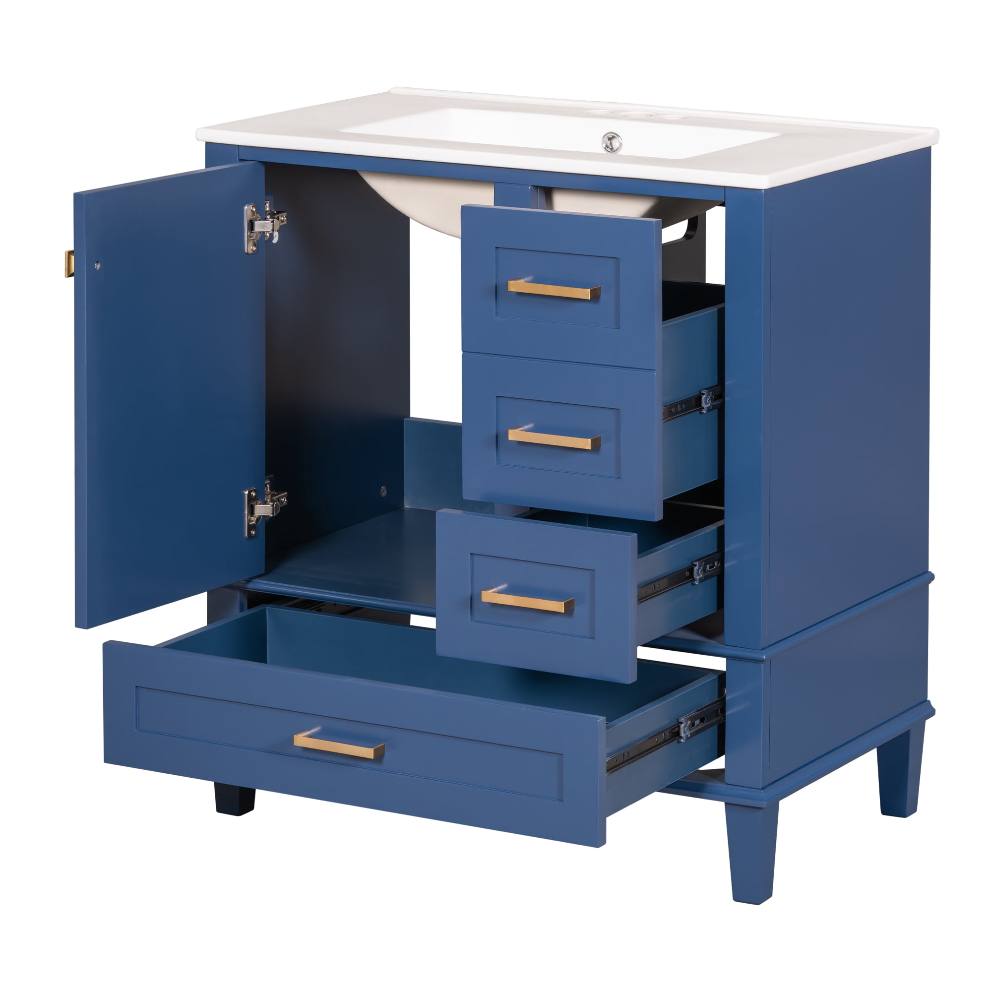 Homy Casa 30 Inch Modern Blue Bathroom Vanity Cabinet Set with Ceramic Basin, Solid Wood Frame, Soft-Close Door & Drawers