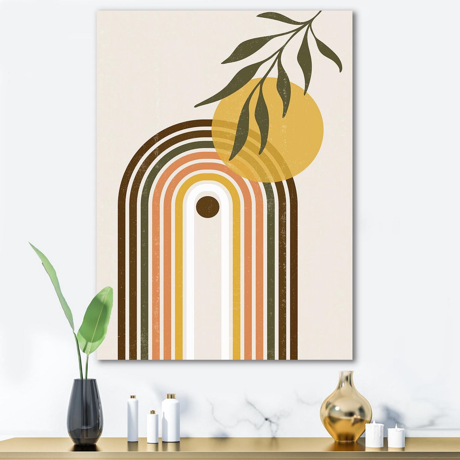 Designart Soleil jaune abstrait avec arc-en-ciel rétro Art mural sur toile