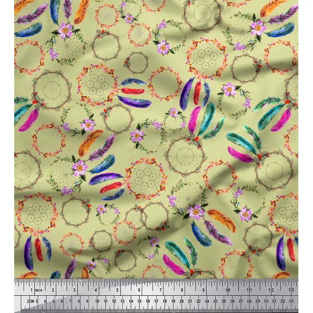Soimoi Poly Georgette Fabric Wreath & Dream Catcher Home Decor Printed Fabric 1 Yard 42 Inch Wide