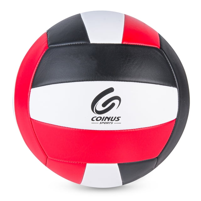 Coinus Sports Opp Volleyball Official Size with traditional stitched seams in red, black, and white panels, featuring the Coinus Sports logo on a white panel. Designed for beginner and recreational volleyball practice, this durable ball withstands intense play and offers a true game-like experience.