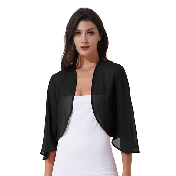 CHICTRY Women's 3/4 Sleeve Sheer Shrug Open Front Bolero Cardigan Jacket Summer Chiffon Mesh Shawls Wraps Black S