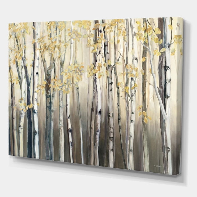 Designart Golden Birch Forest I Canvas Wall Art featuring a gallery-wrapped cotton canvas print of slender birch trees with golden leaves on a muted grey and beige background, stretched over a 1.5 inch wood frame, arriving ready to hang and suitable for enhancing wall décor in Canadian homes.