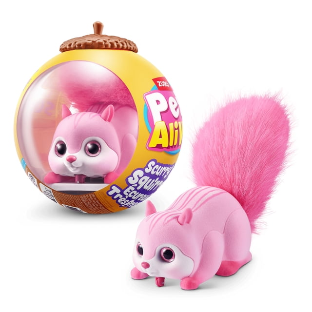 Pets Alive Scurry'n Squirrel Interactive Robotic Pet Toy in pink with a soft, fluffy tail, shown outside and inside a yellow acorn-shaped capsule with clear window and colorful branding, designed for lifelike scurrying motion, sounds, and collectible play.