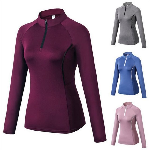 T-Shirts à Manches Longues à Fermeture Éclair pour Femmes Yoga Course Quart de Zip Pull-Over Exercice T-Shirts Rouge s