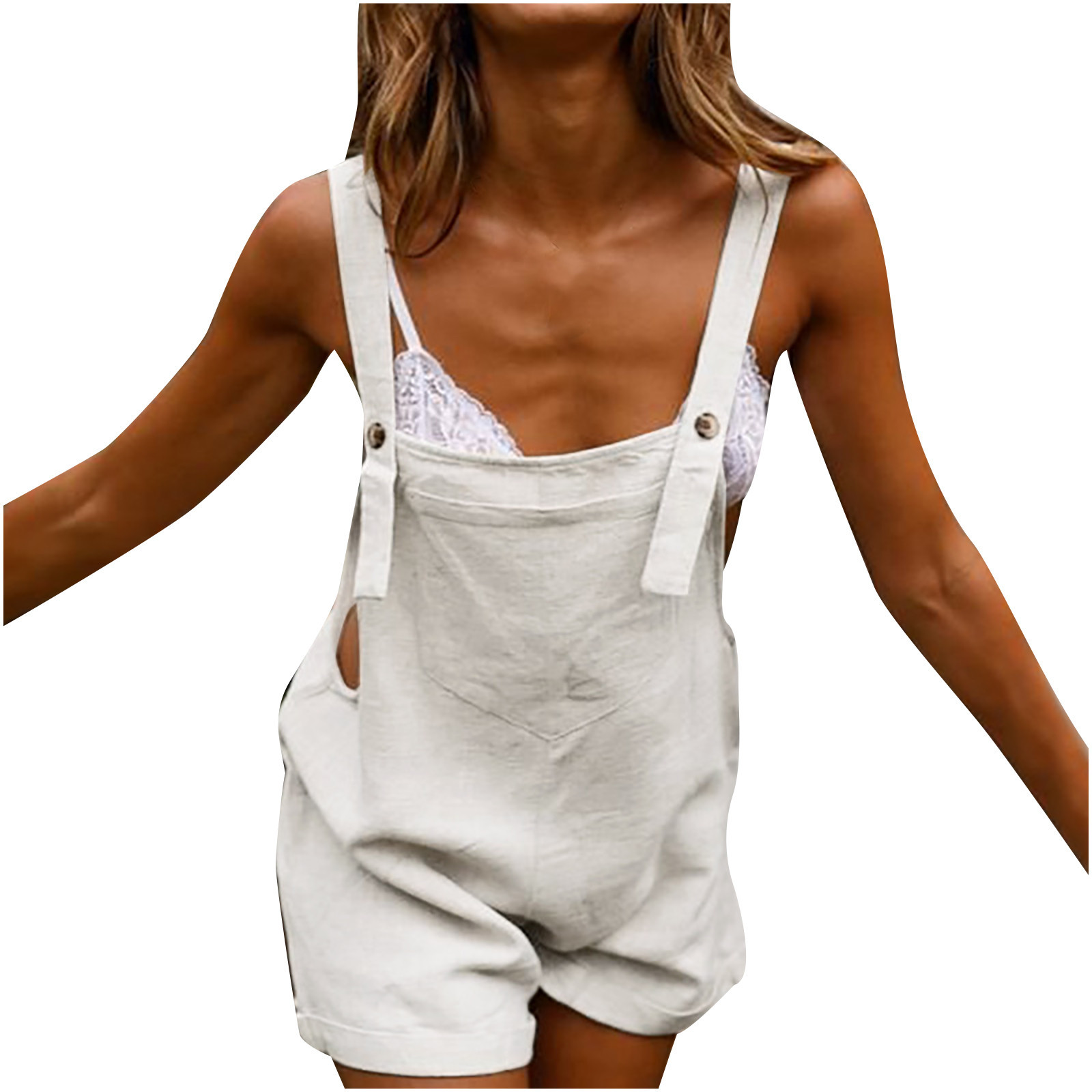 Womens Casual Summer Overalls Adjustable Straps Cotton Linen Shortalls Solid Shorts Jumpsuits Rompers with Pockets
