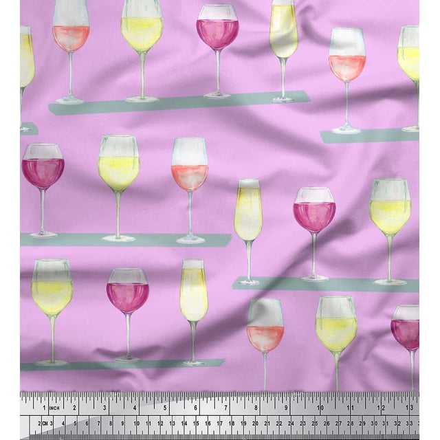 Soimoi Modal Satin Fabric Wine Glass Bar Print Fabric by Yard 42 Inch Wide