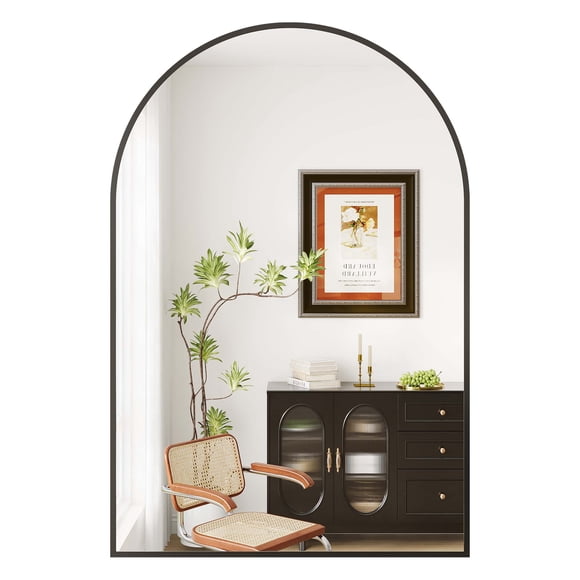 Miroir Mural Moderne à Arche – Cadre en Métal Noir, Verre Trempé, Résistant à la Rouille, Miroir Mural Ou Appuyé pour Salle de Bain, Chambre, Salon, Entrée – Ourlet Noir 20x30 Pouces